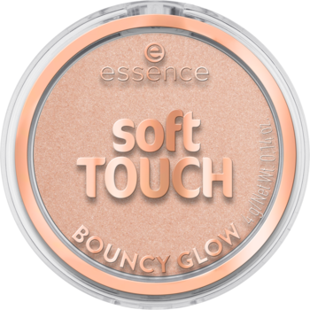 Essence Soft Touch Bouncy Glow, okrągły rozświetlacz w brzoskwiniowym odcieniu, widok z góry.