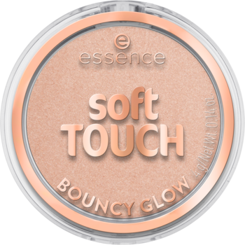 Essence Soft Touch Bouncy Glow, okrągły rozświetlacz w brzoskwiniowym odcieniu, widok z góry.