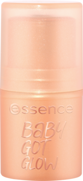 essence BABY GOT GLOW 10 Golden Aura, szampański rozświetlacz w translucentnej butelce, widok z przodu.