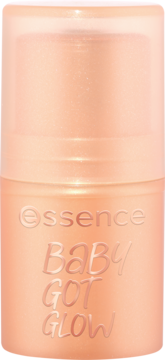essence BABY GOT GLOW 10 Golden Aura, szampański rozświetlacz w translucentnej butelce, widok z przodu.