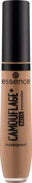 Korektor essence CAMOUFLAGE+ MATTE 180 w beżowej butelce z czarną zakrętką, widok z przodu. Wodoodporny, 60% więcej produktu.