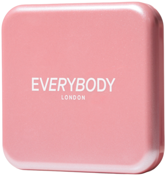 Rozświetlający róż Everybody London Berry Pearl w różowym kwadratowym opakowaniu z logo, widok z góry.