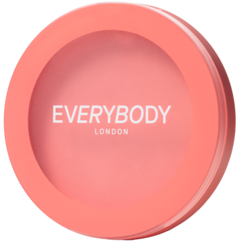 Róż w kremie Everybody London Soft Pomelo, okrągły, koralowo-brzoskwiniowy, z napisem Everybody London na wieczku, widok z góry.