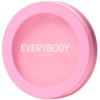 Róż w kremie Everybody London True Pink w różowym, okrągłym kompakcie z widocznym napisem, ujęcie z góry.