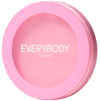 Róż w kremie Everybody London True Pink w różowym, okrągłym kompakcie z widocznym napisem, ujęcie z góry.