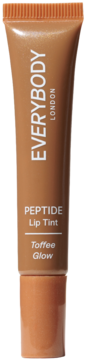 Peptydowy balsam do ust Everybody London Peptide Lip Tint Toffee Glow, brązowa tubka z błyszczącym wykończeniem, widok z przodu.