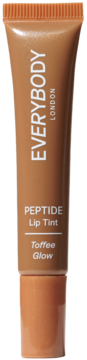 Peptydowy balsam do ust Everybody London Peptide Lip Tint Toffee Glow, brązowa tubka z błyszczącym wykończeniem, widok z przodu.