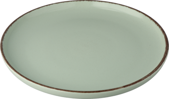 Okrągły ceramiczny talerz w odcieniu szałwiowej zieleni z brązowym, rustykalnym rantem, widok z góry pod kątem.