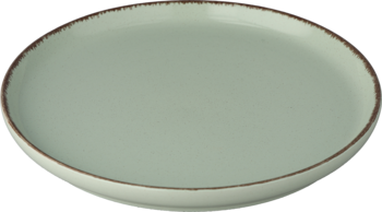 Jasnozielony, okrągły talerz ceramiczny z brązowym, postarzanym rantem, widok z góry pod kątem.