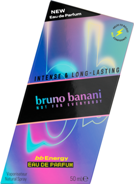 Nowa męska woda perfumowana Bruno Banani bb Energy 50ml w pudełku z holograficznym wzorem, ukośny widok.