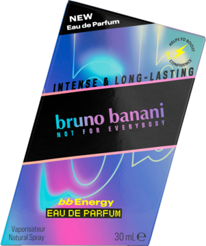 Bruno Banani bb Energy, męska woda perfumowana, ukośnie ujęte pudełko w futurystycznych barwach niebiesko-fioletowych.
