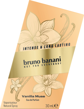 Bruno Banani Vanilla Muse woda perfumowana 30ml, beżowo-złoty kartonik z wanilią, widok pod kątem.