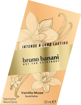 Bruno Banani Vanilla Muse woda perfumowana 30ml, beżowo-złoty kartonik z wanilią, widok pod kątem.