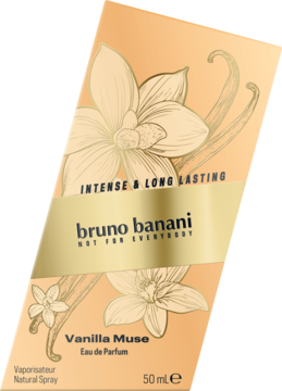 Bruno Banani Vanilla Muse woda perfumowana, beżowe pudełko z grafiką kwiatów i lasek wanilii, ukośny kadr.