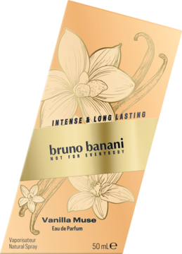 Bruno Banani Vanilla Muse woda perfumowana, beżowe pudełko z grafiką kwiatów i lasek wanilii, ukośny kadr.
