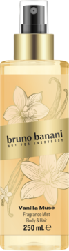 Mgiełka perfumowana Bruno Banani Vanilla Muse 250ml. Złota etykieta, butelka z kwiatami wanilii, widok przód.