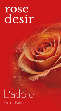 Perfumy L'adore Rose Desir, Eau de Parfum. Zbliżenie na czerwoną różę z kroplami rosy na intensywnym czerwonym tle.