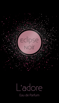 L'adore Eclipse NOIR Eau de Parfum, różowe logo i napis na czarnym tle z efektem brokatowym, widok z przodu.