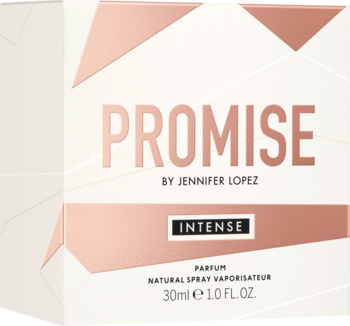 Perfumy Promise Intense Jennifer Lopez 30ml w biało-różowym pudełku z geometrycznymi akcentami, widok z przodu.