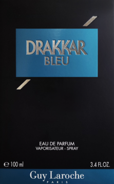 Guy Laroche Drakkar Bleu, męska woda perfumowana 100 ml, czarne opakowanie z niebieskim pasem, frontalny widok.