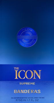 Granatowe pudełko perfum The Icon Supreme Banderas 50ml, męska woda perfumowana intense, widok z przodu.