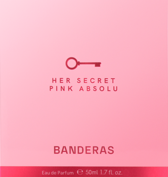 Perfumy Banderas Her Secret Pink Absolu 50ml EDP w różowym, kwadratowym opakowaniu z logo klucza, widok z przodu.