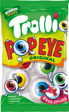 Paczka Trolli Pop Eye Original, zielono-żółta, z rysunkiem żelkowych oczu i napisem 'Sour Splash' na przodzie.