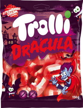 Fioletowa torebka Trolli Dracula Strawberry Cream z wizerunkiem wampira, pokazująca czerwono-białe cukierki kły.
