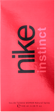 Czerwone, błyszczące opakowanie perfum Nike Instinct Woman EDT 100ml, z pionowym czarnym logo, widok z przodu.