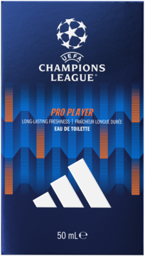 Męska woda toaletowa Adidas UEFA Champions League Pro Player 50ml, ciemnoniebieskie pudełko z logo UEFA i Adidas.
