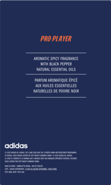 Granatowa etykieta Adidas Pro Player z białym i pomarańczowym tekstem dla wody toaletowej z czarnym pieprzem.