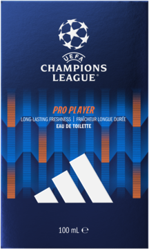 Męska woda toaletowa Adidas UEFA Champions League Pro Player 100ml, ciemnoniebieska, z logo UEFA i Adidas, widok z przodu.