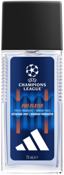 Dezodorant Adidas UEFA Champions League Pro Player 75 ml, przezroczysta butelka, niebieska etykieta, widok z przodu.
