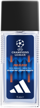 Dezodorant Adidas UEFA Champions League Pro Player 75 ml, przezroczysta butelka, niebieska etykieta, widok z przodu.