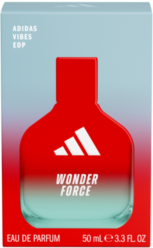Adidas Vibes Wonder Force w pudełku: czerwono-niebieska butelka 50 ml z logo Adidas, widok z przodu.