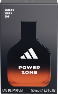 Perfumy Adidas Vibes Power Zone 50 ml w czarnym pudełku z butelką z czarno-pomarańczowym gradientem.