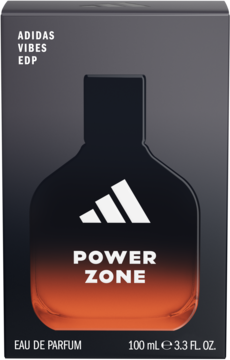 Opakowanie Adidas Vibes Power Zone EDP 100ml, czarne z pomarańczowym akcentem i białym logo, widok z przodu.