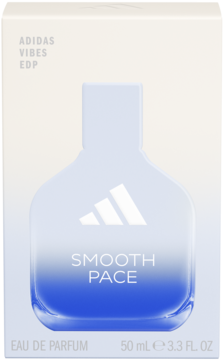Perfumy Adidas Vibes Smooth Pace EDP 50ml w białym pudełku z gradientową butelką odcieni błękitu, widok z przodu.