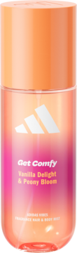 Adidas Get Comfy Vanilla Delight & Peony Bloom mgiełka do włosów i ciała, butelka gradient róż-pomarańcz, przód.