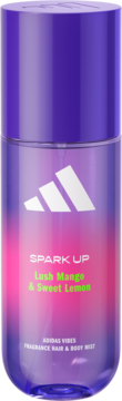 Cylindryczna mgiełka Adidas Spark Up Lush Mango & Sweet Lemon w fioletowo-różowej butelce, widok z przodu.
