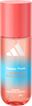 Adidas Vibes Happy Feels mgiełka do ciała i włosów, różowo-niebieska butelka, zapach jaśminowej herbaty i grejpfruta.
