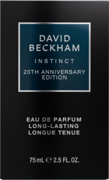 David Beckham Instinct 20th Anniversary Edition, woda perfumowana 75 ml. Czarne pudełko z ciemnoniebieską etykietą, widok z przodu.