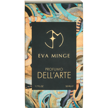 Woda perfumowana Eva Minge Dell’Arte w czarno-złotym pudełku z artystycznym, barwnym wzorem, widok z przodu.