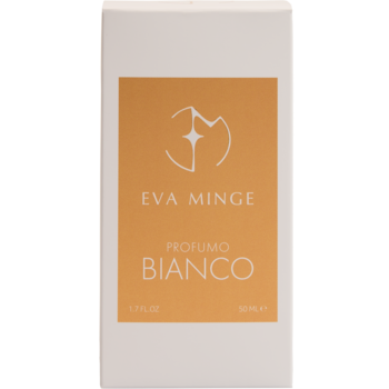 Eva Minge Bianco orientalno-gourmand woda perfumowana, biały kartonik z pomarańczową etykietą, widok z przodu.