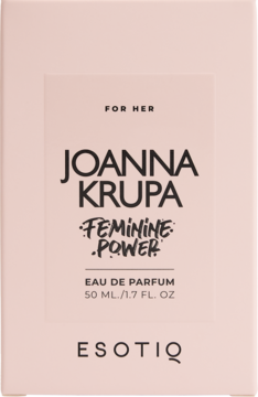 Woda perfumowana Joanna Krupa Feminine Power, opakowanie 50ml, pastelowy róż, czarny napis, widok z przodu.