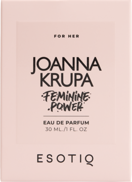Różowe pudełko wody perfumowanej Joanna Krupa Feminine Power 30ml, czarne napisy, widok z przodu.