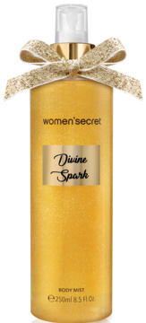 Women'secret DIVINE SPARK mgiełka zapachowa, złoty brokatowy flakon, gourmand, ze złotą kokardą, widok z przodu.