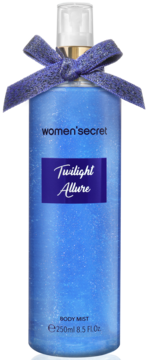 Women'secret Twilight Allure Body Mist, 250ml, błękitna brokatowa butelka z fioletową kokardą, widok z przodu.