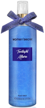 Women'secret Twilight Allure Body Mist, 250ml, błękitna brokatowa butelka z fioletową kokardą, widok z przodu.