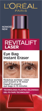 L'Oréal Revitalift Laser Eye Bag Instant Eraser. Krem pod oczy na obrzęki, czerwone opakowanie, widok z przodu.